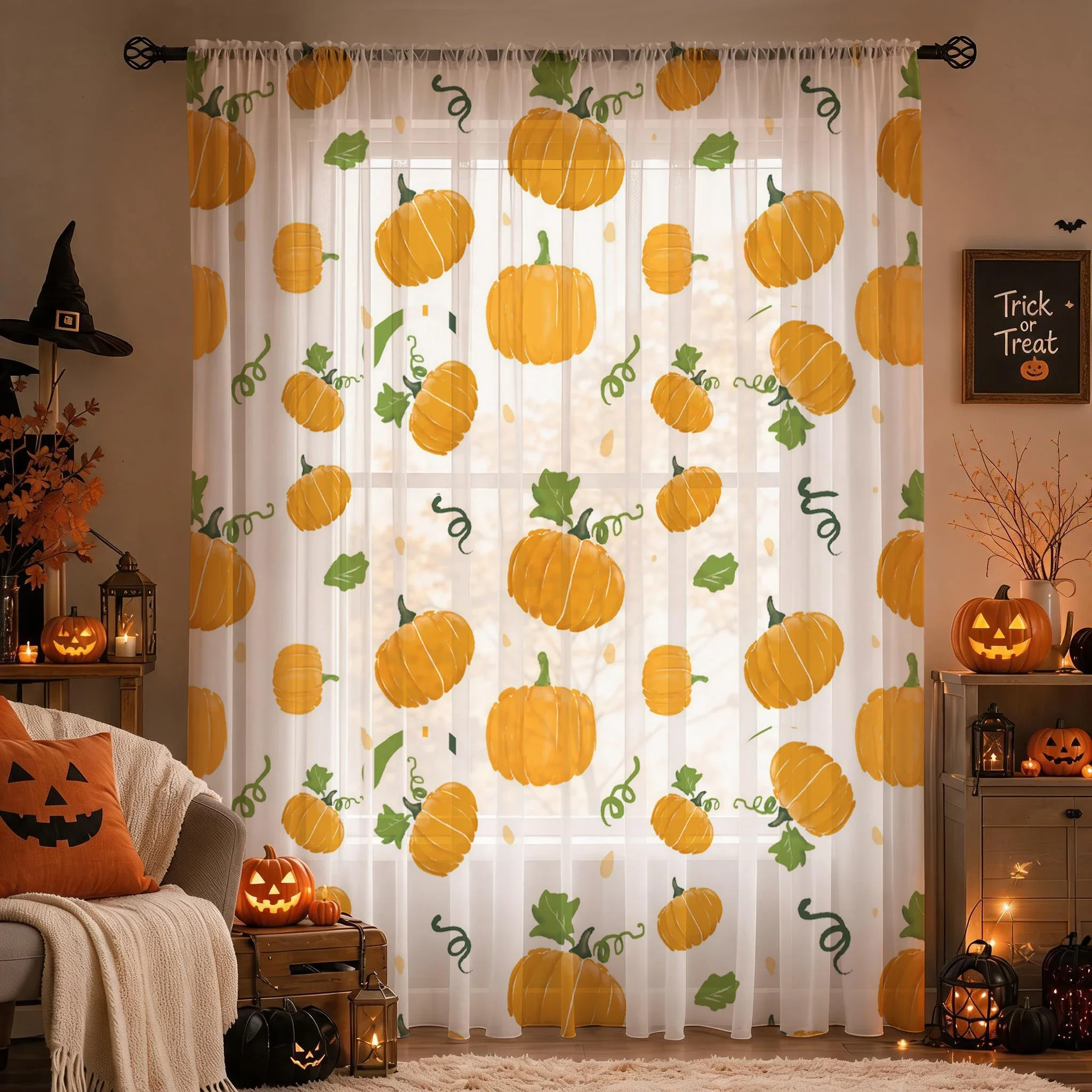 Halloween Sheer Curtain Rod Pocket Halloween Gift Privacy Light‑Filtering Voile Window Drape for Living Bedroom Kids Room Party - view 3