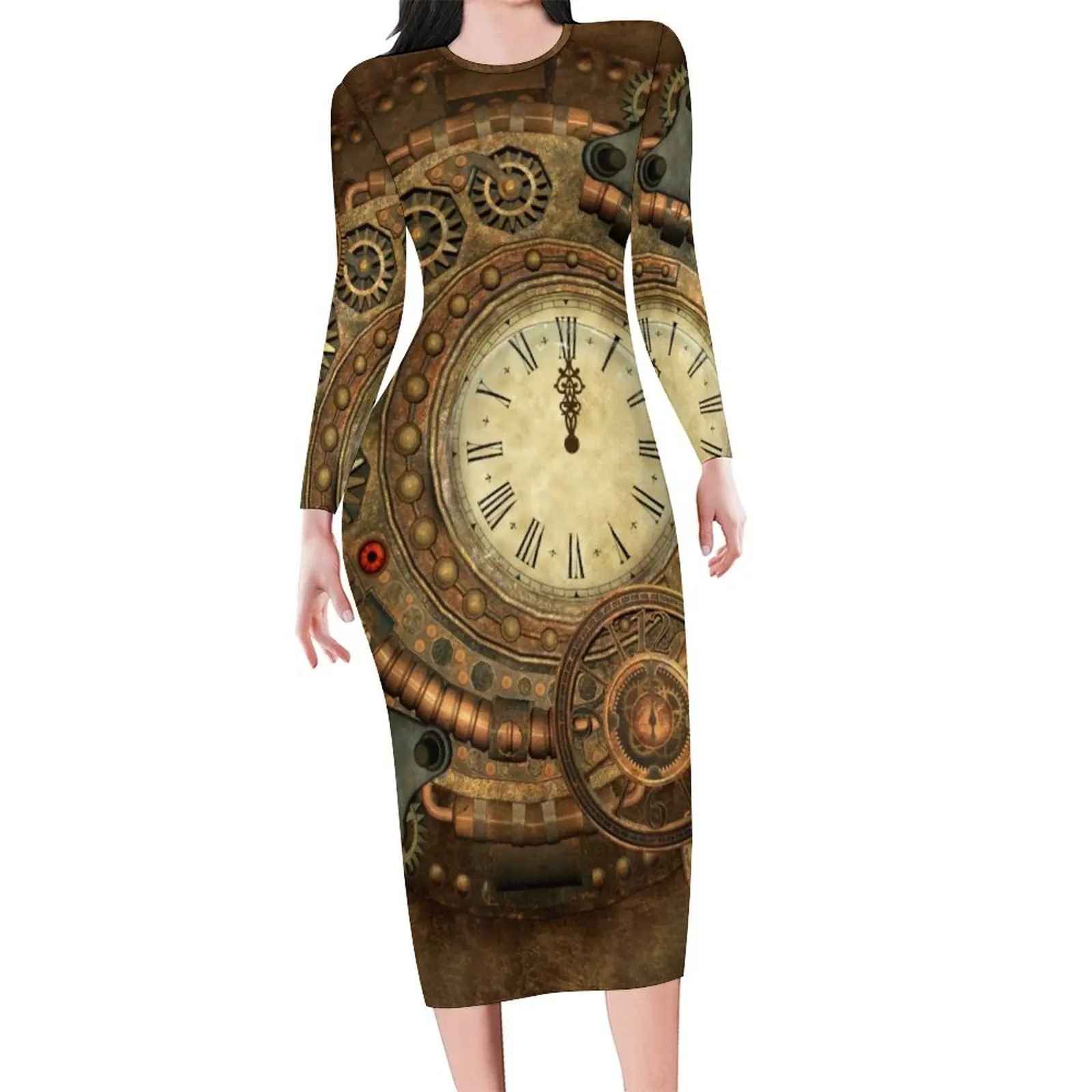 Steampunk Dress Long Sleeve Wonderful Clockwork Trendy Dresses Spring Female Street Wear Design Bodycon Dress Large Size 5XL 6XL