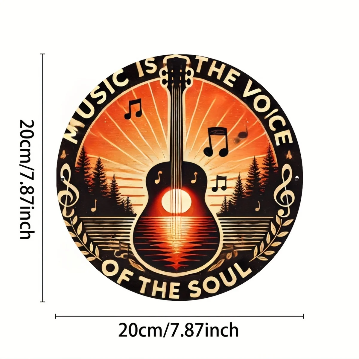 1pc Vintage Style Aluminum Round Sign, Sunset Guitar Music Canvas Art, Multi-Language Magic Symbols, Rustic Multipurpose Home De