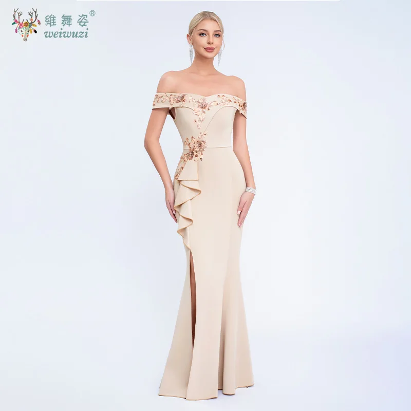 

3D Three-dimensional Rose Sequin Embroidered Mesh Evening Dress Sexy Off Shoulder High Slit Bead Embroidered Evening Dress