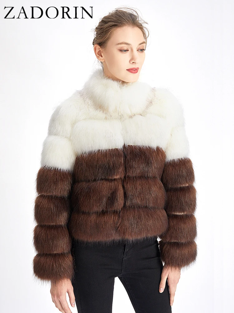 ZADORIN New Designer Women Winter Coat 2024 Stand Collar Contrast Colors Warm Fluffy Faux Fox Fur Coat Women Fur Jacket Coats