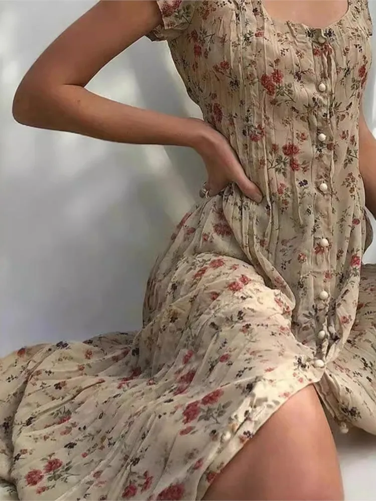 Summer New Single-breasted Floral Short Sleeved Women\'s Dresses Fashion Slim Elegant Female Casual Beach Swing Dresses 2024