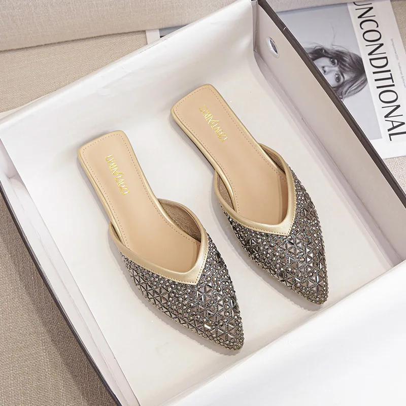 2023 New Summer Female Mules Sandals Rhinestones Half Slippers Outside Wear Large Size 41-43