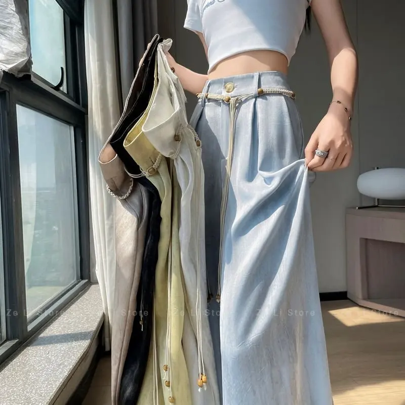 Acetate Satin Ice Silk Tie-dye Suit Loose Pants, Women's Summer Thin High Waist Loose Draped Casual Straight-leg Mop Pants