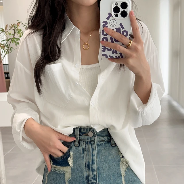 Long Sleeve Loose White Cotton Shirt Women Polo Collar Button up Fashion Blouse Casual Solid Loose Office Lady Tops Mujer 25838 AliExpress