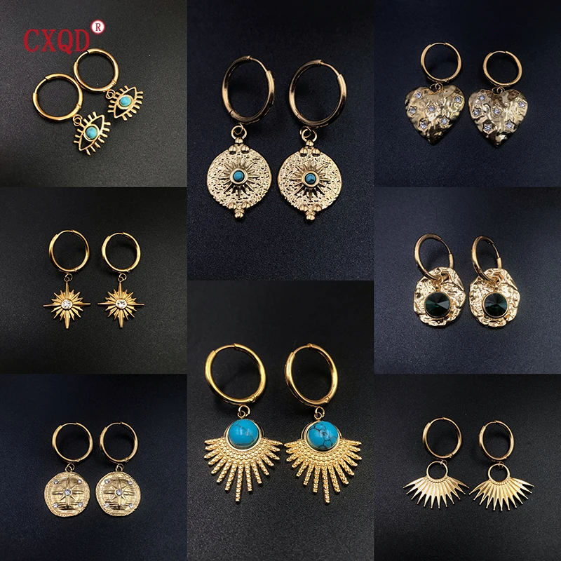 

Stainless Steel Vintage Green Stone Sun Geometric Heart Earrings for Women Charm Fashion Girls Ear Jewelry Wholesale Party Gift