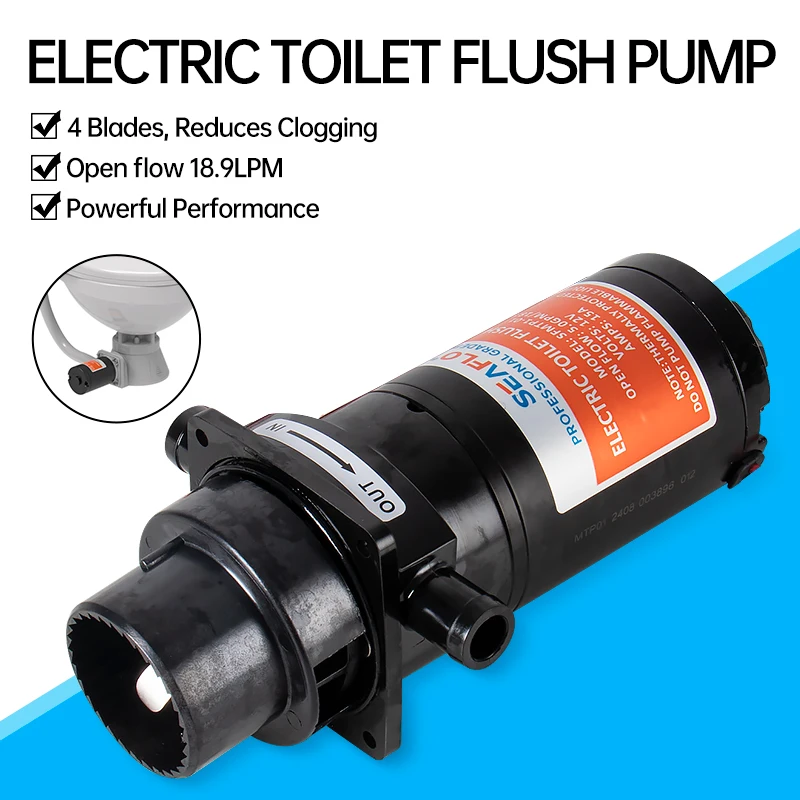 

12V/24V Horizontal Toilet Macerator Sewage Pump with Electric Flushing, Flexible Impeller, 18.9LPM Open Flow for RV Marine Boat
