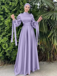 Elegant Women Dress Stain Muslim Abaya Stand Collar Lace-up Big Swing A-line Party Maxi Vestidos Kaftan Solid Color Long Dresses
