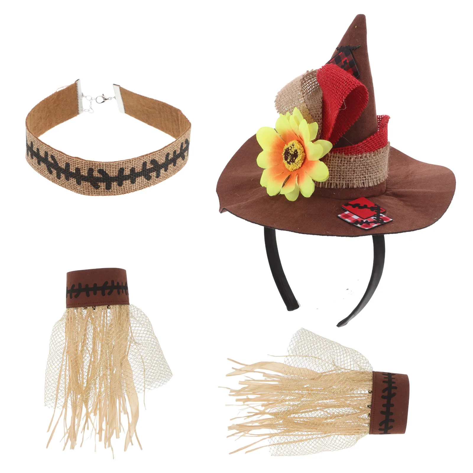 

4 Piece Straw Costume Props Adult Hat Wristbands Necklace Carnival Party Accessories Scarecrow Kit Halloween Straw Cowboy Hats