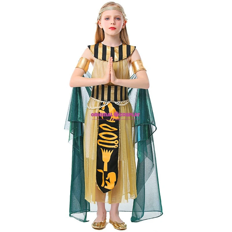 

Girl Egyptian Costume Stripe Tulle Dress Headwear Collar Belt Arm Ring Cosplay Set