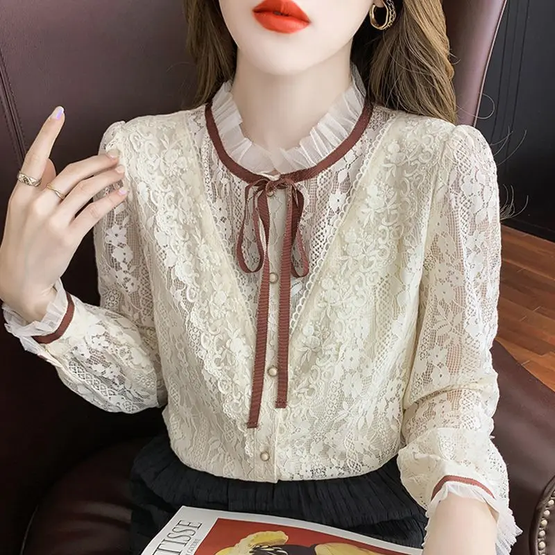 

Thin/Thick Lace Bottoming Top for Women's Autumn Winter New Warm Top Ruffled Collar Long Sleeve Blouse M-5XL