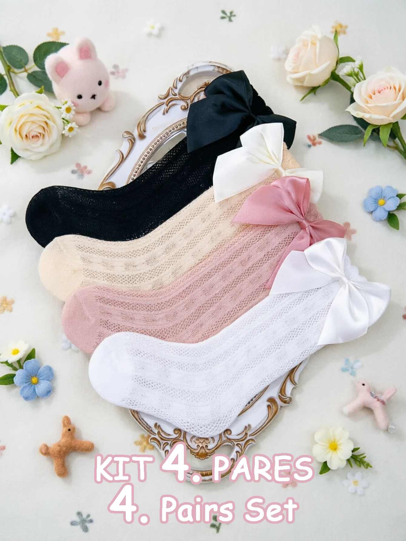 

4 Pares De Meias Antimosquito Com Laço De Cetim Para Meninas De 1 A 6 Anos,Ideal Para Combinar Com Vestidos De Princesa E Lolita