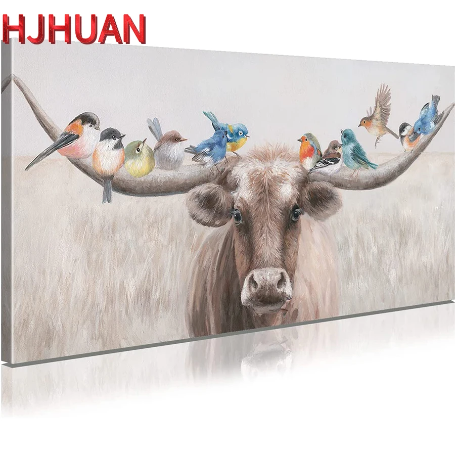 

Полная квадратная алмазная живопись для украшения дома, искусство животных, наборы для вышивки, голландское нагорье, крупный рогатый скот и птицы, сделай сам