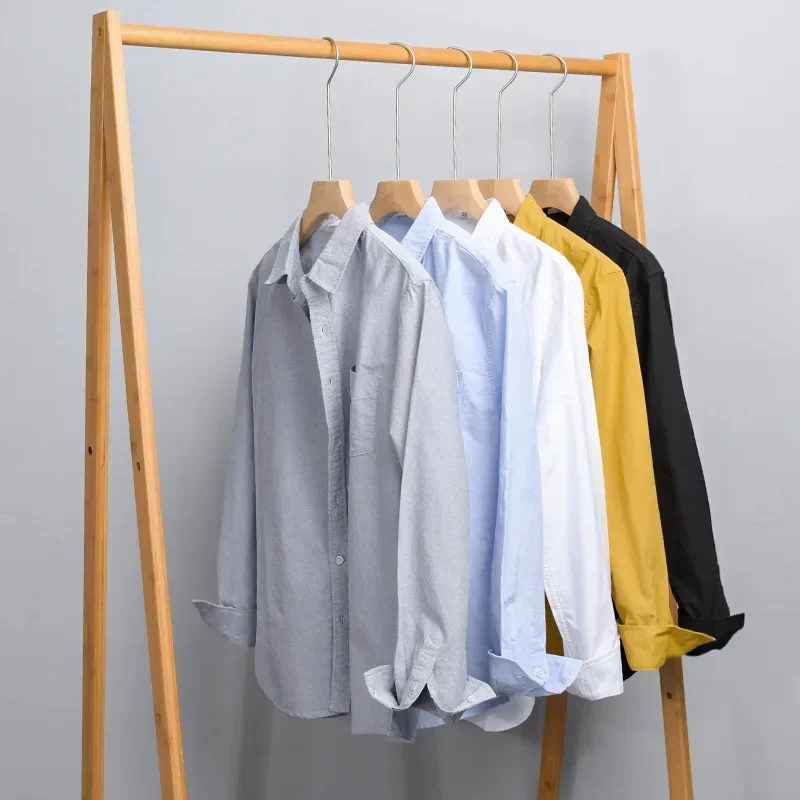 

100% Cotton Mens Long Sleeve Shirt Daily Casual Shirts Lapel Pocket Solid Oxford Slim Fit Shirt Men Simple Tops Versatile Shirt
