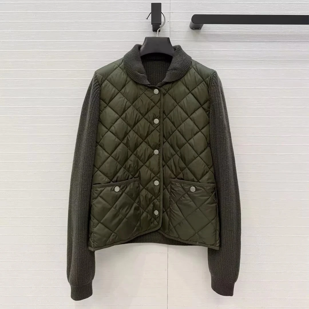 New Early Winter Fashion Chic White Duck Down Jacket Women Lapel Wool Knitted Long Sleeve Patchwork Argyle Pattern Casual Coat