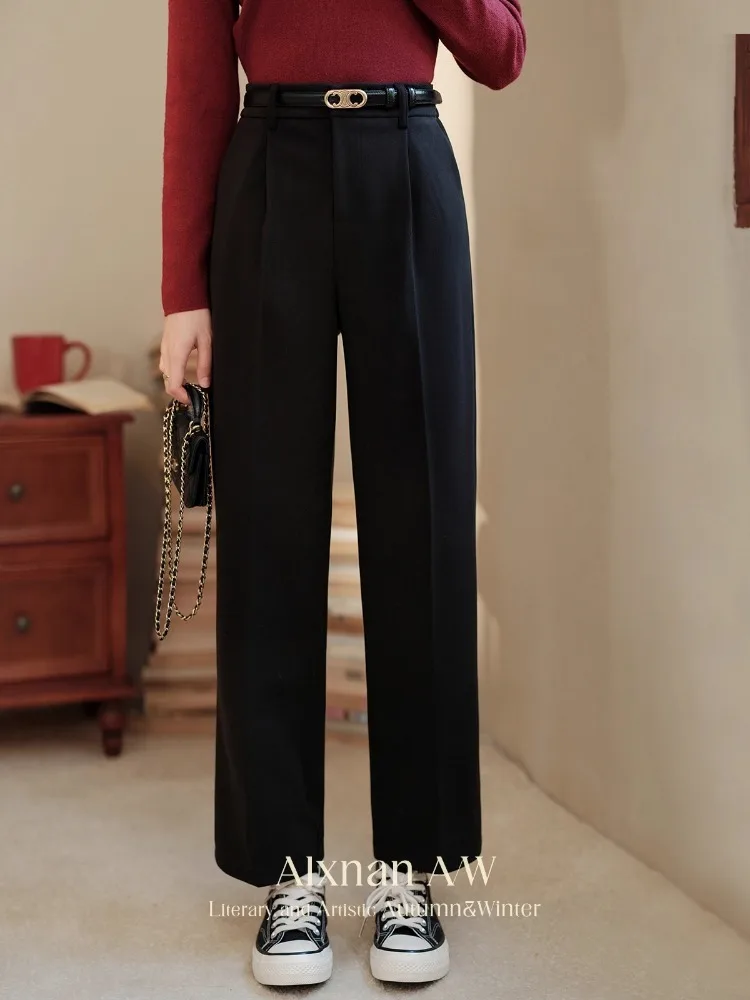ALXNAN Plus Size Women's Black Pants Autumn Fashion Straight Casual Wide-leg Pants Office Lady Elegant Baggy Trousers D08528-1