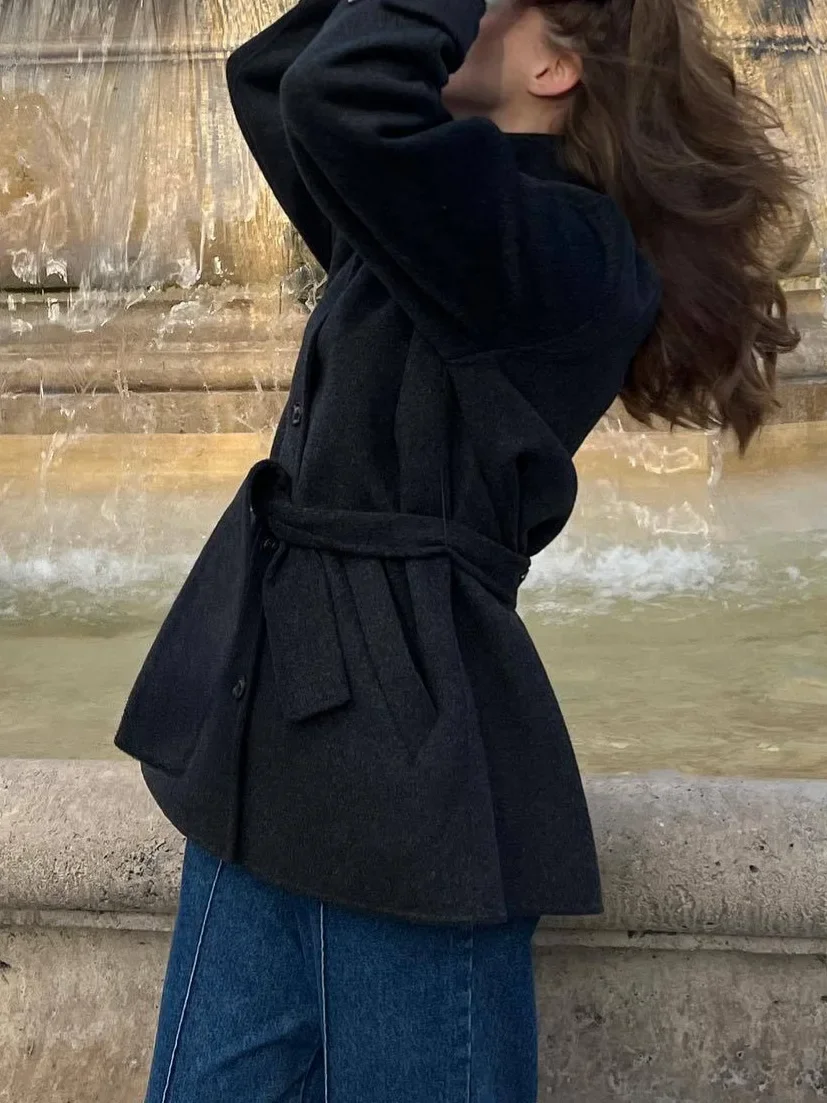 Płaszcze Kurtki Damskie Kamizelki Damskie 2025 Nowe Damskie Płaszcze z Paskiem Półgolf Jednolity Wełniany Płaszcz Zimowy Kurtka Damska Odzież Damska