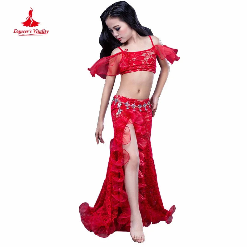 Ragazze Professionale di danza del ventre vestiti di lusso senza maniche top + lace split sirt 2pcs bambino set di danza bambini danza del ventre suit SML