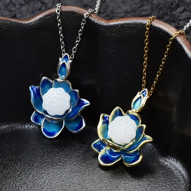 

Jingtai blue lotus pendant, lotus canopy necklace, enamel jade pendant, retro titanium steel collarbone chain