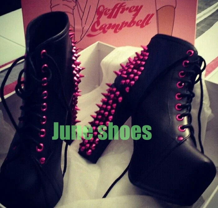 Lady Fuchsia Spike Design Platform Ankle Boots Lace-Up Pu Black Footwear Size 34-46 Chunky Heel Runway Sexy F Party All Boots