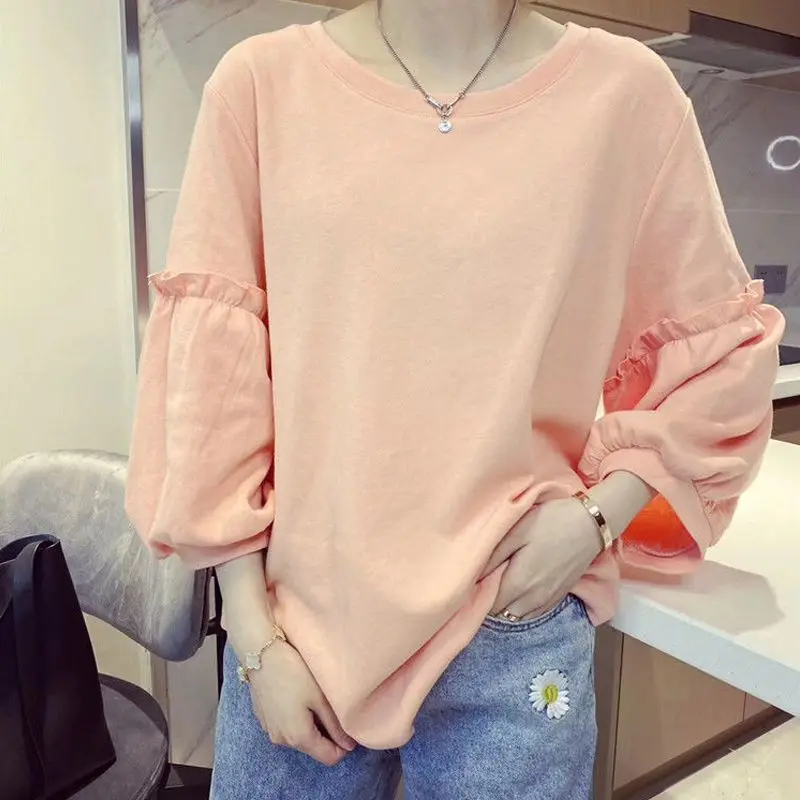 Korean Fashion Autumn New Women's O-Neck Solid Color Ruffles Puff Sleeve Simplicity Chic Casual Long Sleeve Loose T-Shirts Tops