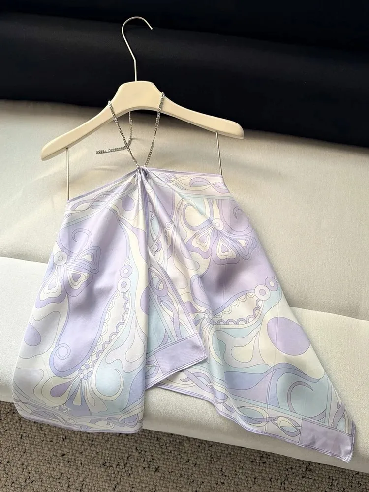 Summer Fashion Beach Style Geometric Print Silk Camisole Women's Metal Chain Hang One's Neck Sexy Backless Lace-Up Tops