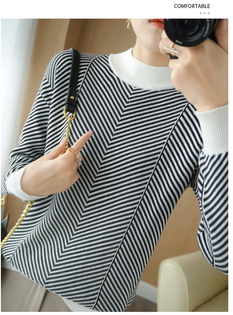 Women's autumn and winter 100% pure cotton knitted semi high neck pullover casual striped warm sweater fashionable hot selling