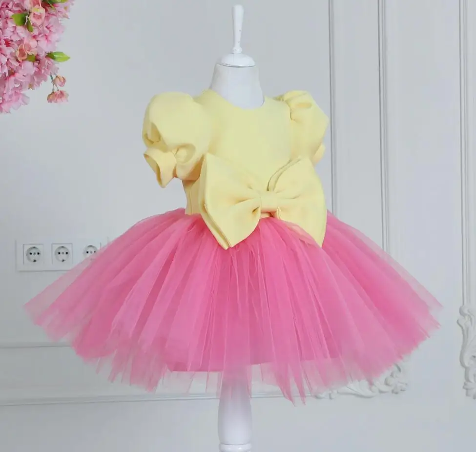 Princess Flower Girl Dress Yellow Pink Short Sleeve Puffy With Bow Baby Kids Birthday Prom Ball Gown First Communion Dress