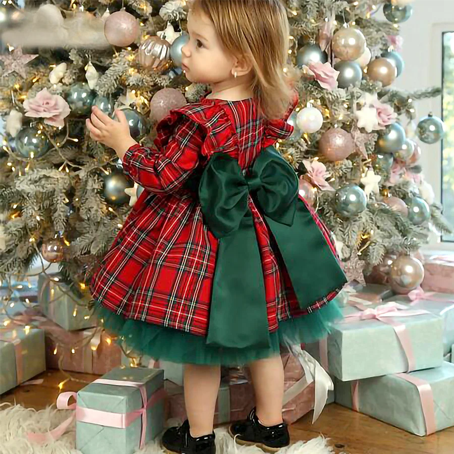 Christmas New Children Clothing Girls Plaid Long Sleeved Dress Christmas Big Bow Mesh Princess Dress