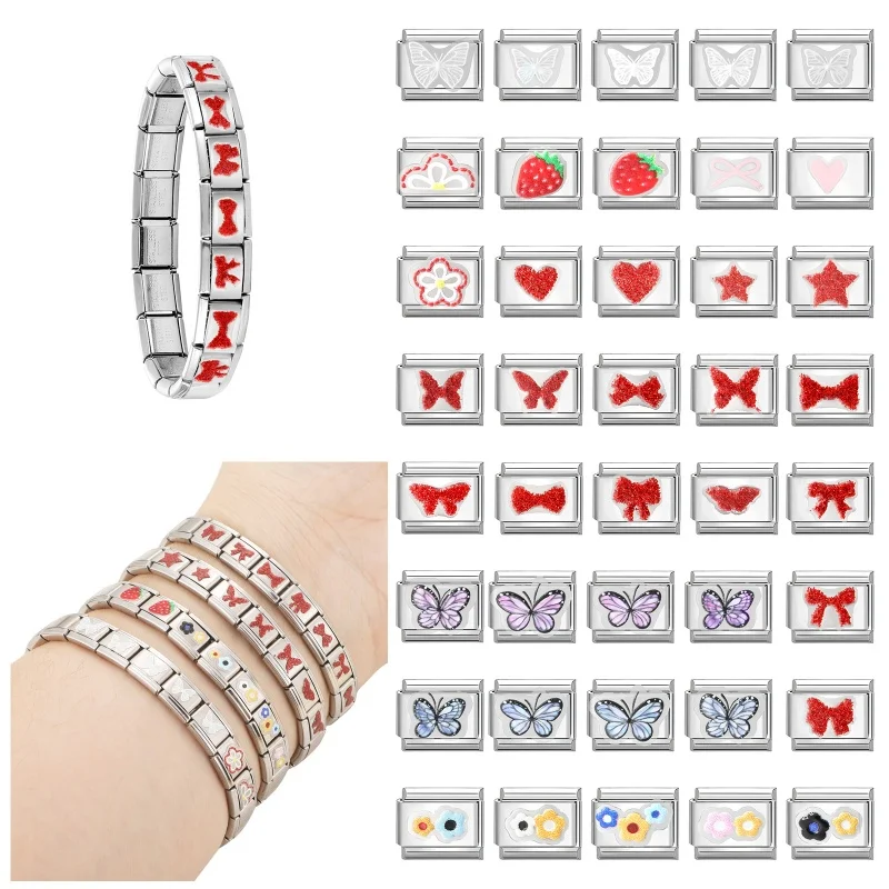 Y2K Colorful Butterfly Star Heart Bow Sticker Charm Italian Links Fit 9MM Stainless Steel Bracelet Jewelry DIY Making Wholesale