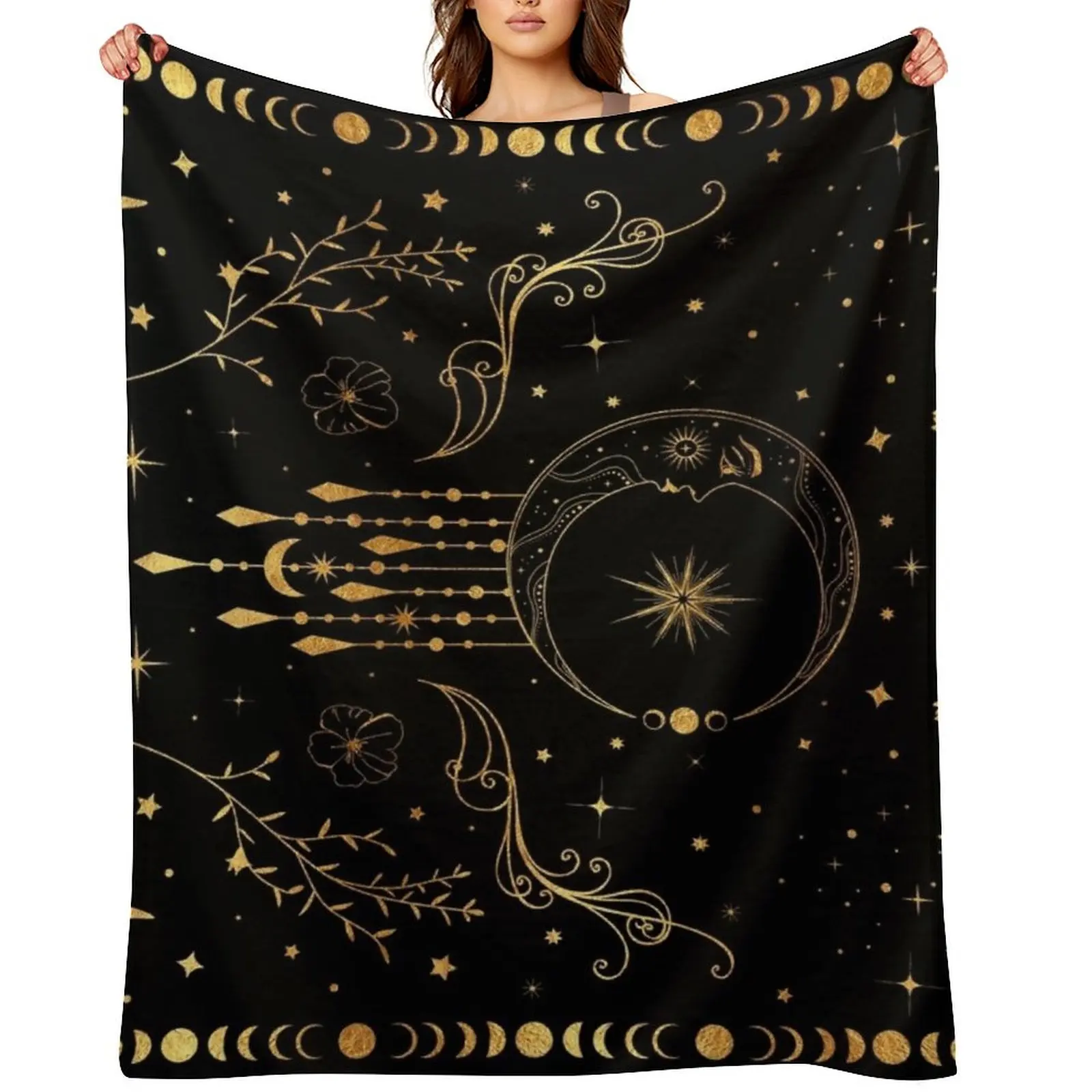 Celestial crescent moon with floral accents and moon phase Throw Blanket Thin blankets ands heavy to sleep Travel Blankets