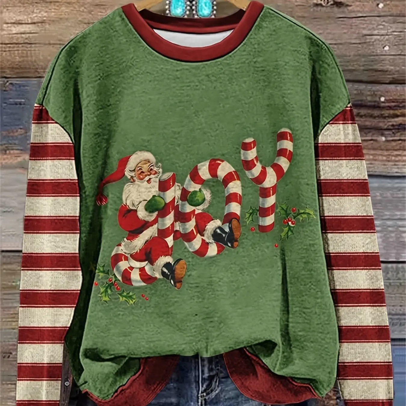 Women Round Neck Long Sleeve T‑Shirt Vintage Santa Claus Joy Candy Cane Print Festive Holiday Casual Party Top Women's Clothes
