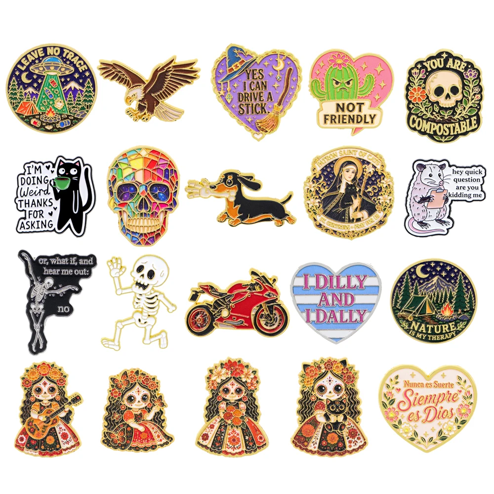 Funny Slogan Enamel Pins Skeleton Skull Cat Dog Motorcycle Lapel Badges Zinc Alloy Brooches for Backpack Jacket Decor Gift
