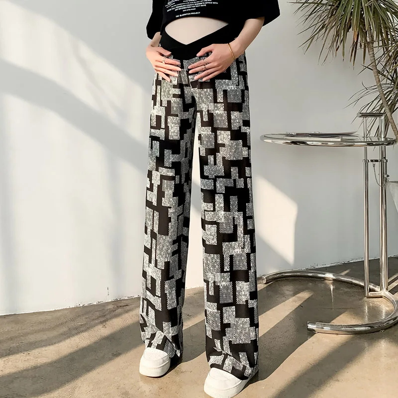 Check Printed Ice Cool Long Pants for Maternity Summer Low Waist Straight Belly Trousers for Pregnant Women Y2k Youth Pregnancy