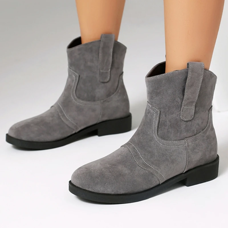 

Серые ботильоны для женщин 2025. Зимняя обувь Faxu Suede Черный Синий Красный Короткие ботинки на низком каблуке Обувь унисекс Большой размер 50