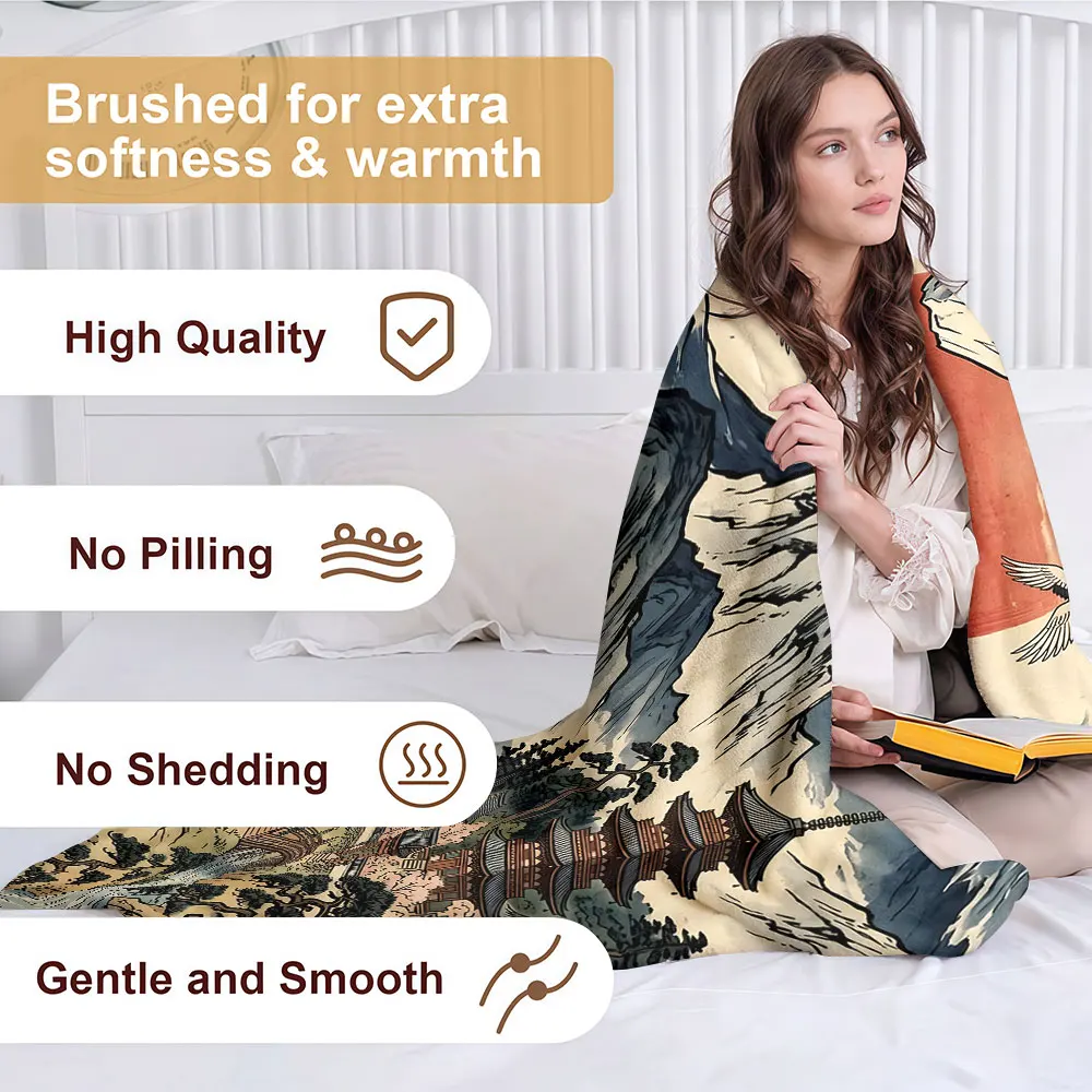 Fuji Mountain Ukiyo-e Soft Warm Flannel Blanket Lightweight Cozy Christmas Halloween Home Decor Room
