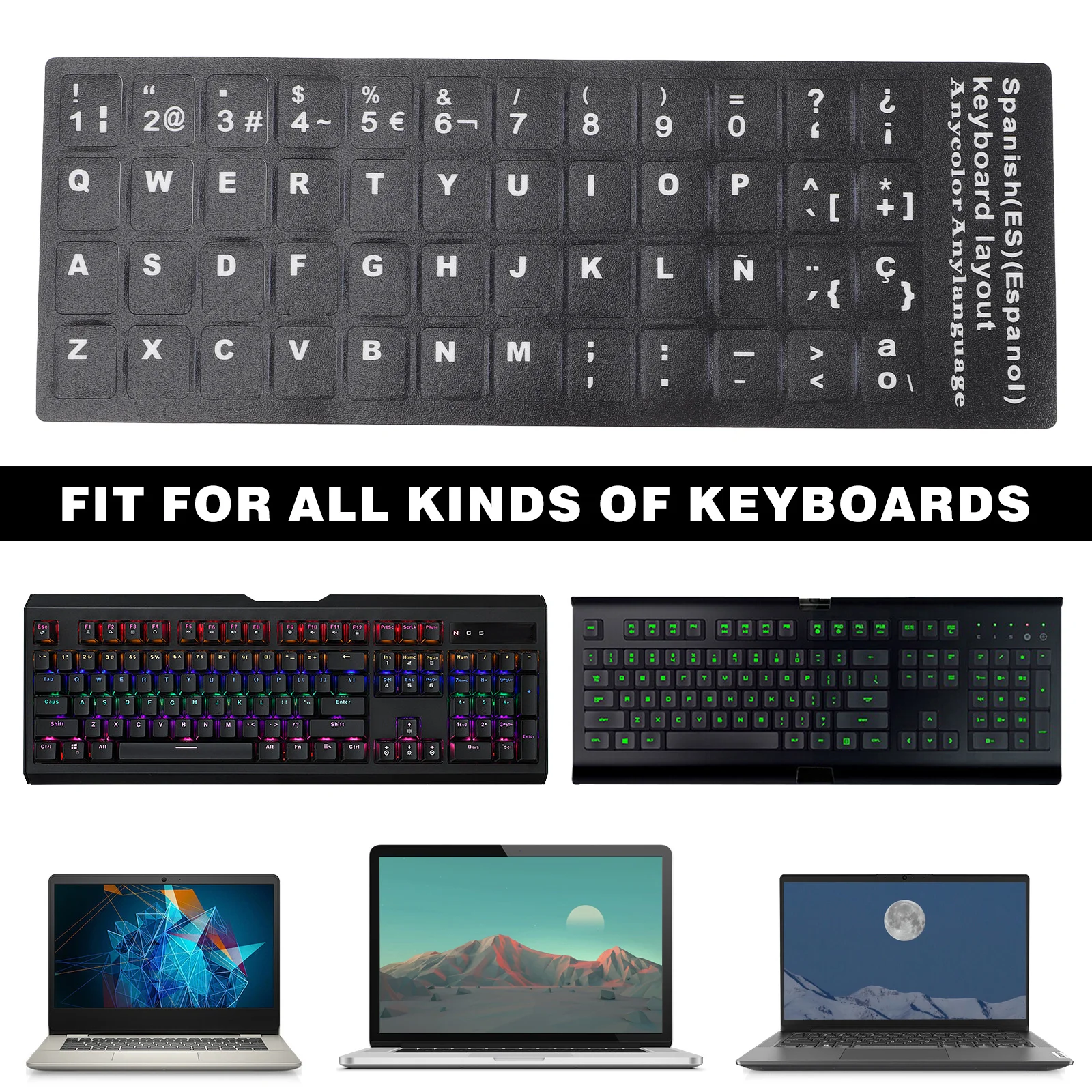 

10 Sheets Spanish Keyboard Stickers Water Resistant Letter Replacement for Laptop Computer Keyboard Language Stickers