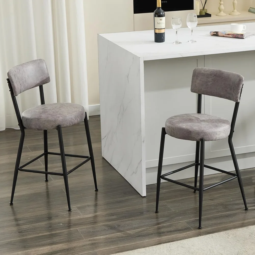 

24'' Counter Height Bar Stools Faux Leather Barstools Upholstered Padded Metal Industrial Kitchen Island Chairs