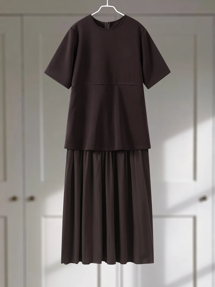 

Short Sleeves Patchwork Long Dress Woman Loose Solid Color Round Neck Pleat Dresses Casual New Street Fashion Baggy Women's Robe