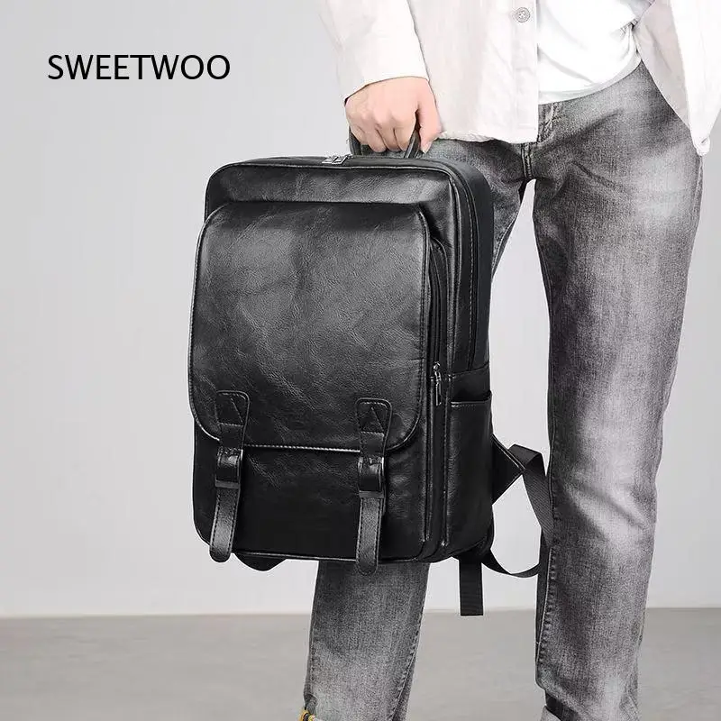 Men Black Faux Leather Backpack Vintage Flap Laptop Rucksack Business Casual School Daybag with Buckle Straps