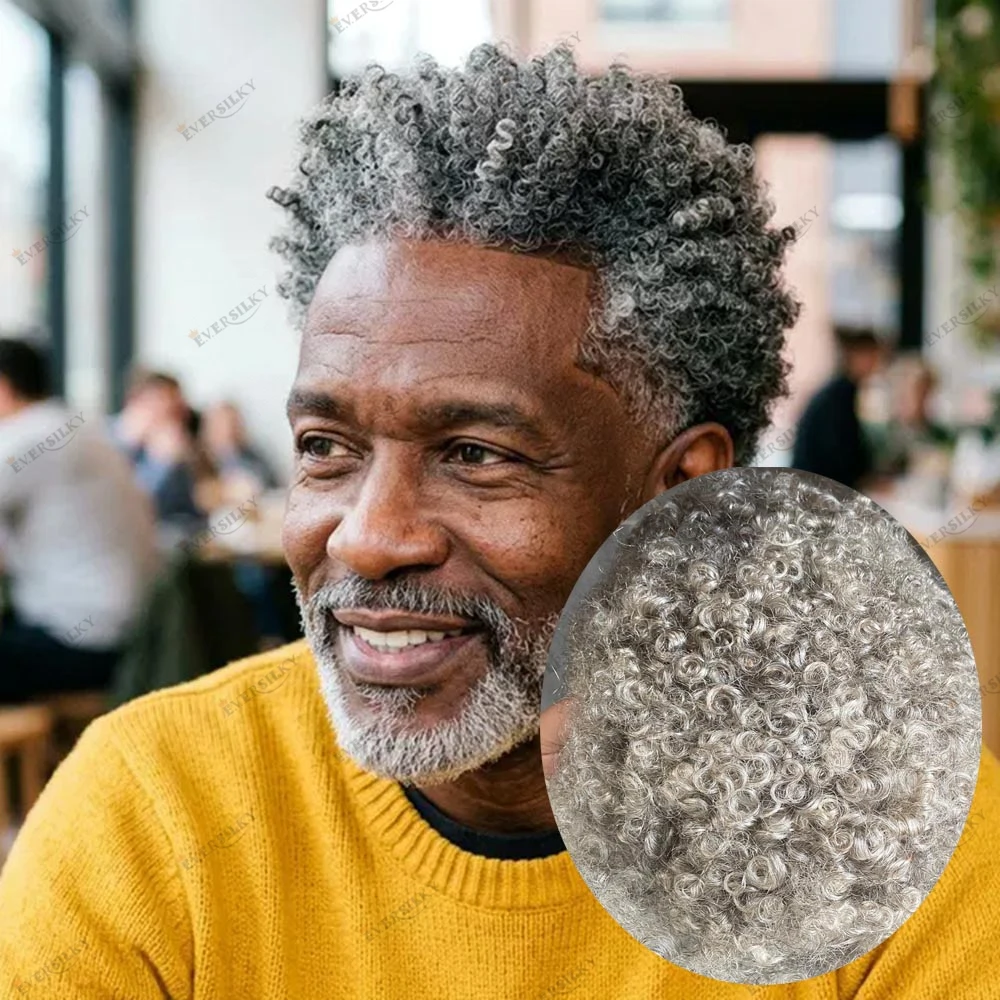 

Undetectable Afro Curly Human Hair Toupee for Old Man Grey Curly Hair Arica Black Man's 10mm 1B20 1B65 1B80Durable Skin Base Wig