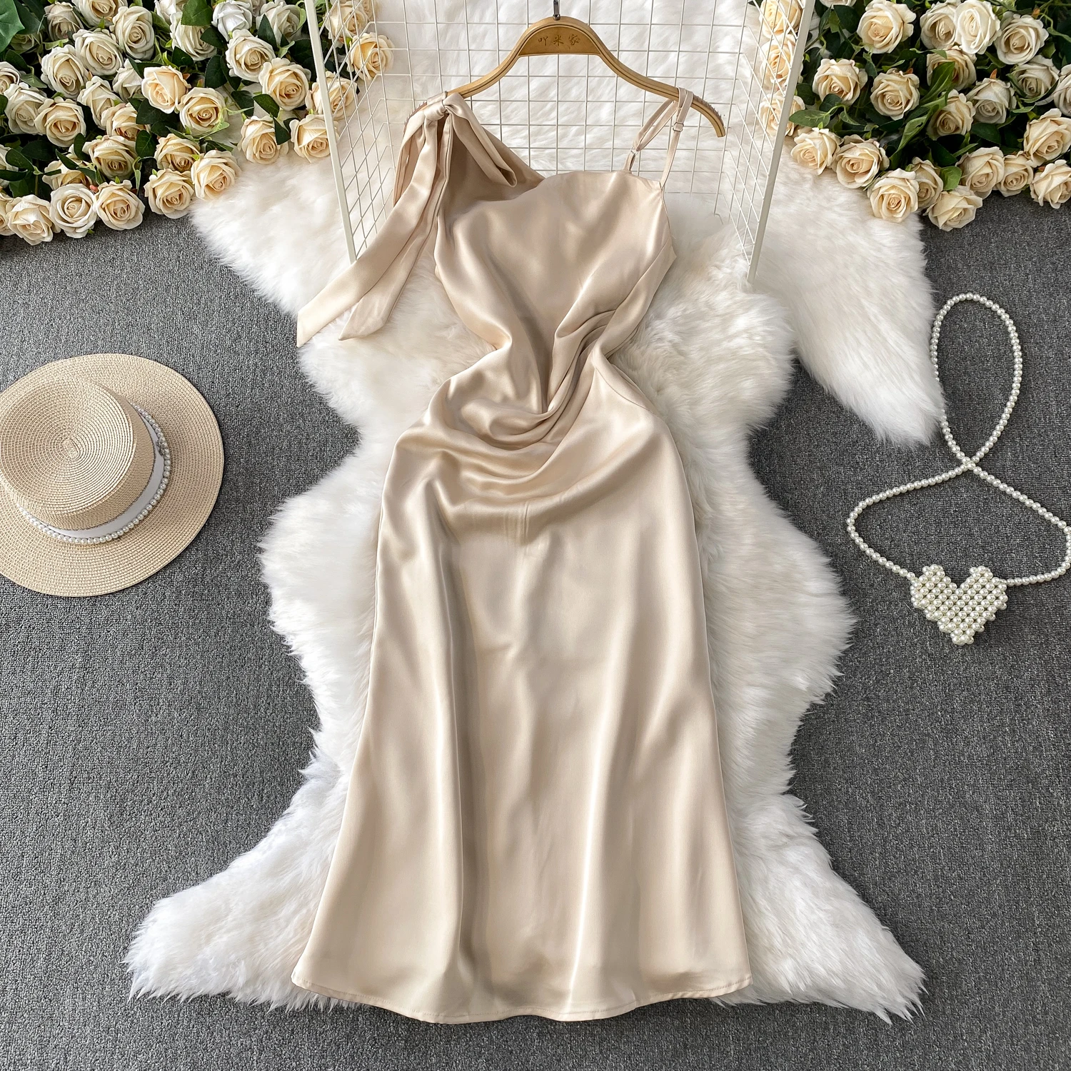 

Chic butterfly slim satin High Waist Evening Party Long dress Women High Street ceremony dresses