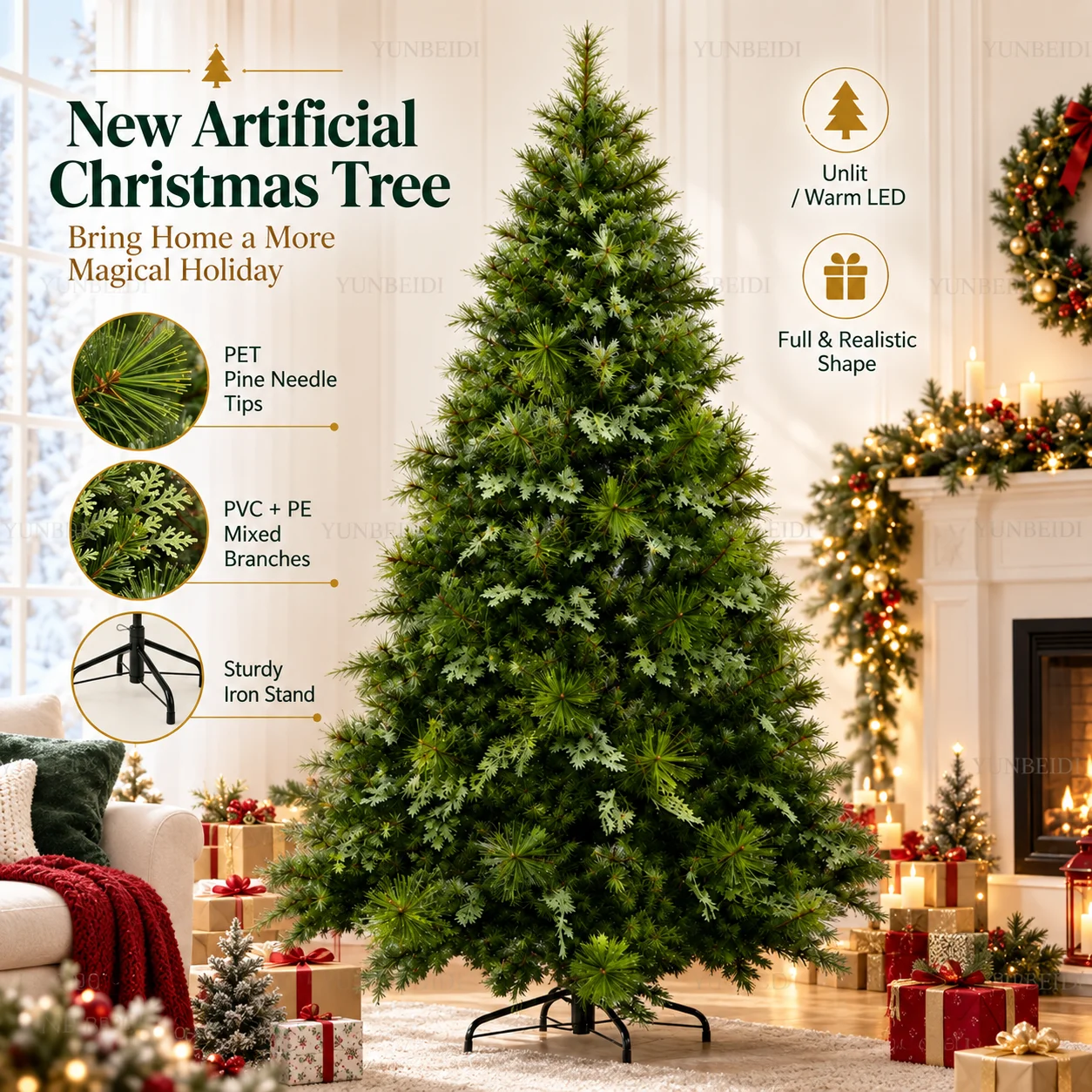 Hochwertiger künstlicher Weihnachtsbaum aus PET+PVC+PE mit gemischten Ästen, warmweiße LED-Option, 120-180 cm, vollgrün, für Weihnachten, Zuhause und Partydekoration.