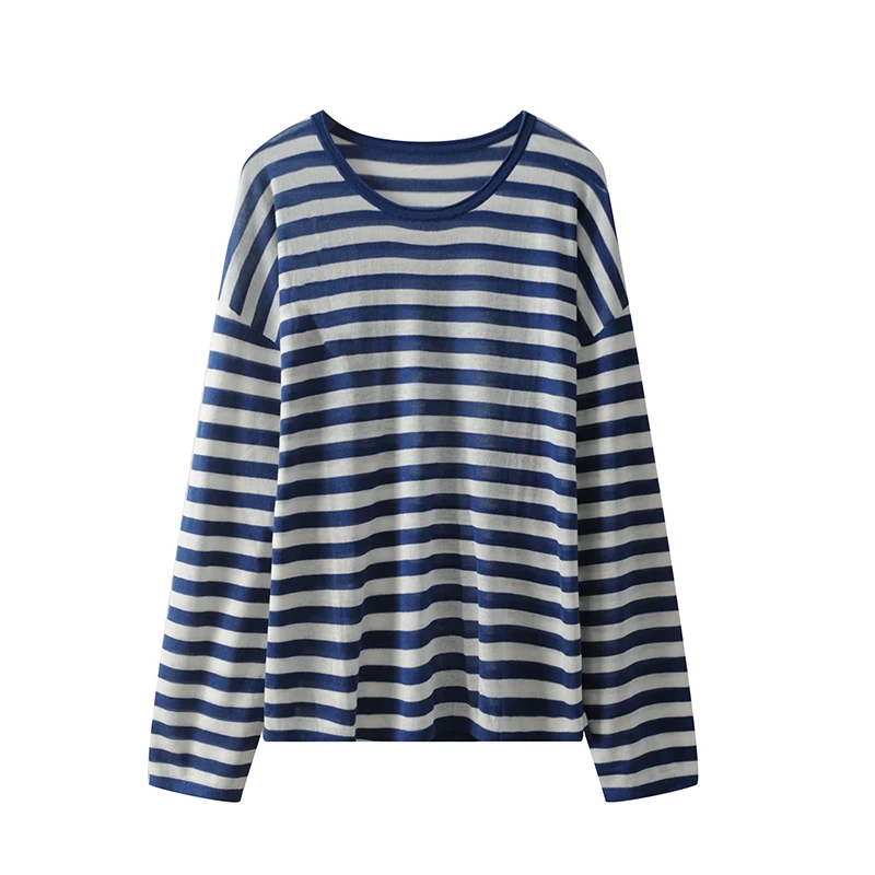 

INFFTRU Lemon Grass Stripe Linen Long Sleeve T-Shirt Women's Casual Loose Fit Soft Comfortable Breathable round Neck Top