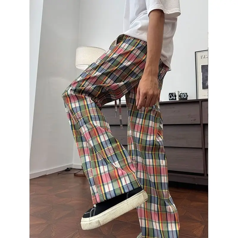 Men's Retro Rainbow Checkered Pattern Thin Pants Summer Street Sweatpants Boys Bottom Male High Waist Y2k Cool Trousers