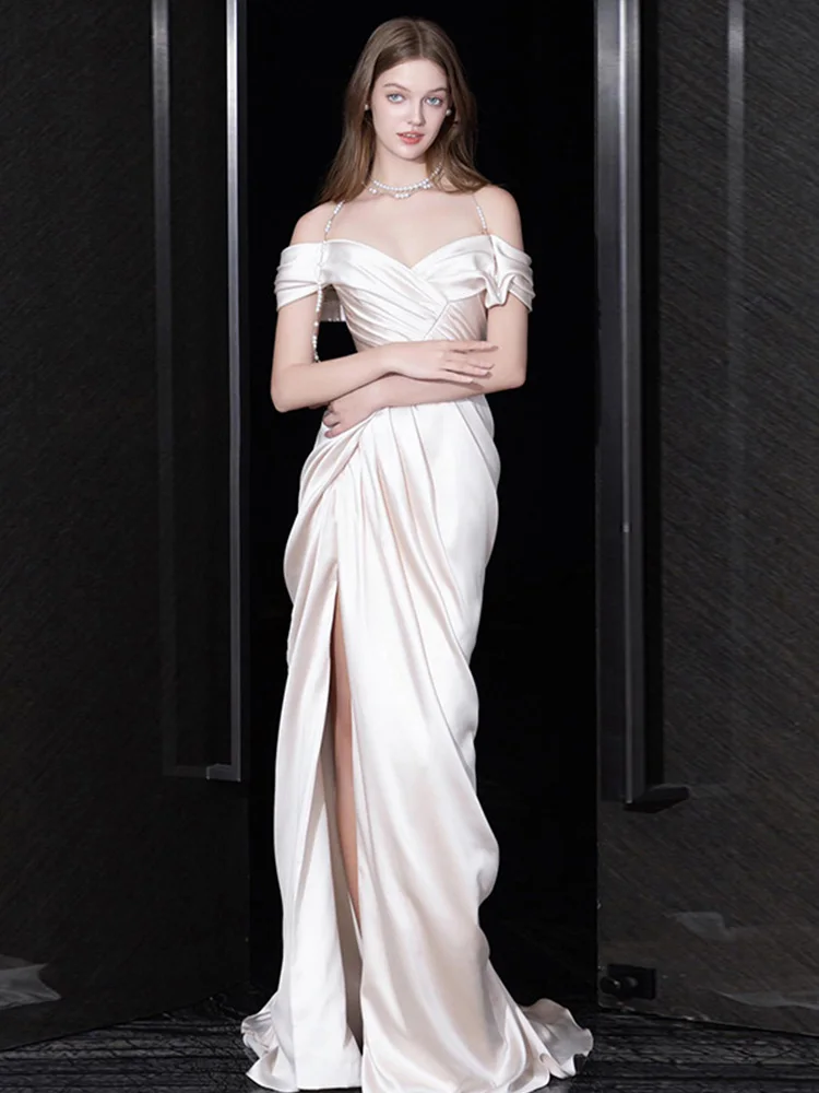 White High Waisted Slimming Strapless Evening Dress Off The Shoulder Birthday Formal Evening Party Gown for Women