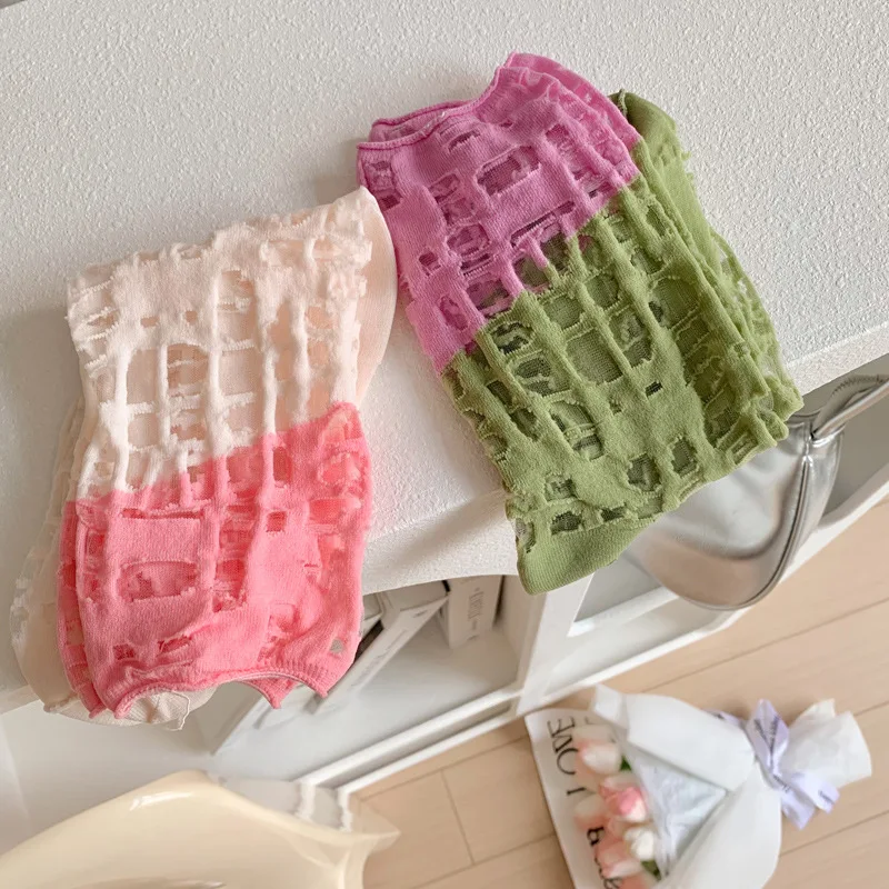 Women Summer Kawaii Cute Lace Stockings Thin Broken Beggar Hollow Mesh Ice Silk Comfortable Bright Color Mid-tube Stockings