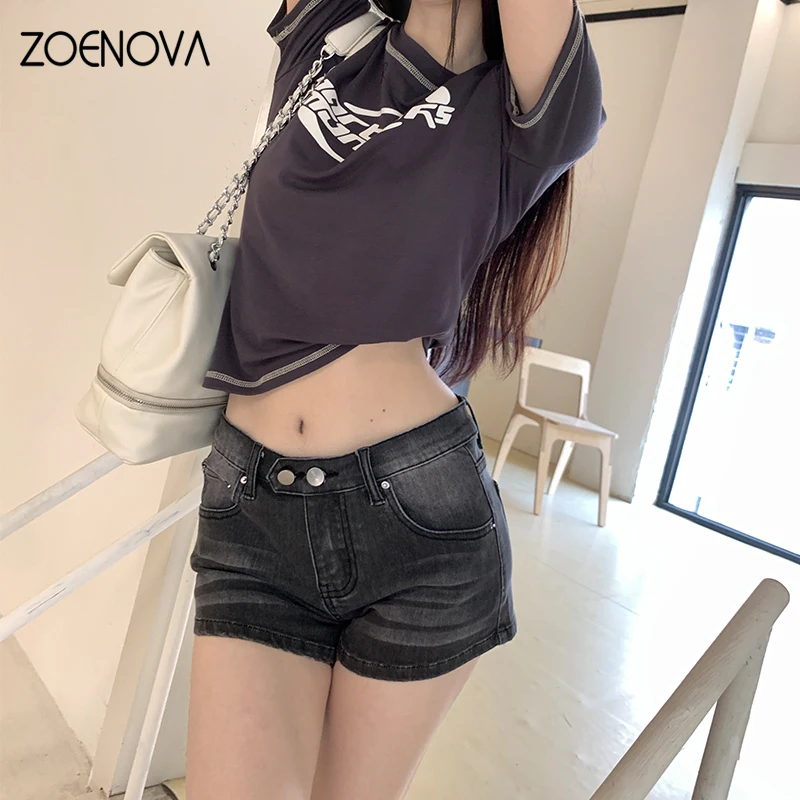 Zoenova Harajuku Street Y 2K Dames Denim Shorts Zomer Nieuwe Mode Dames Sexy Lage Taille Dubbele Knoop Slanke A-Line Casual Jeans