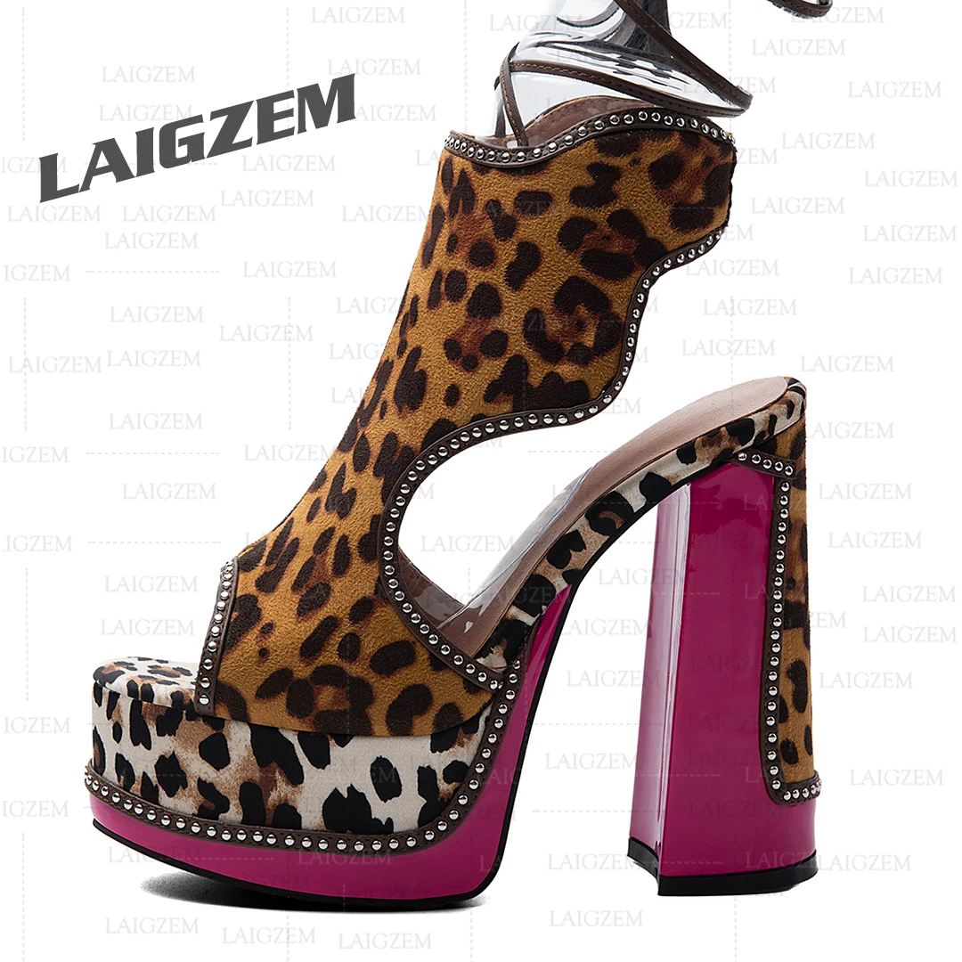 LAIGZEM Women Platform Sandals Peep Toe Thick High Heels Studded Lace Up Ladies Patchwork Shoes Woman Large Size 39 43 45 52