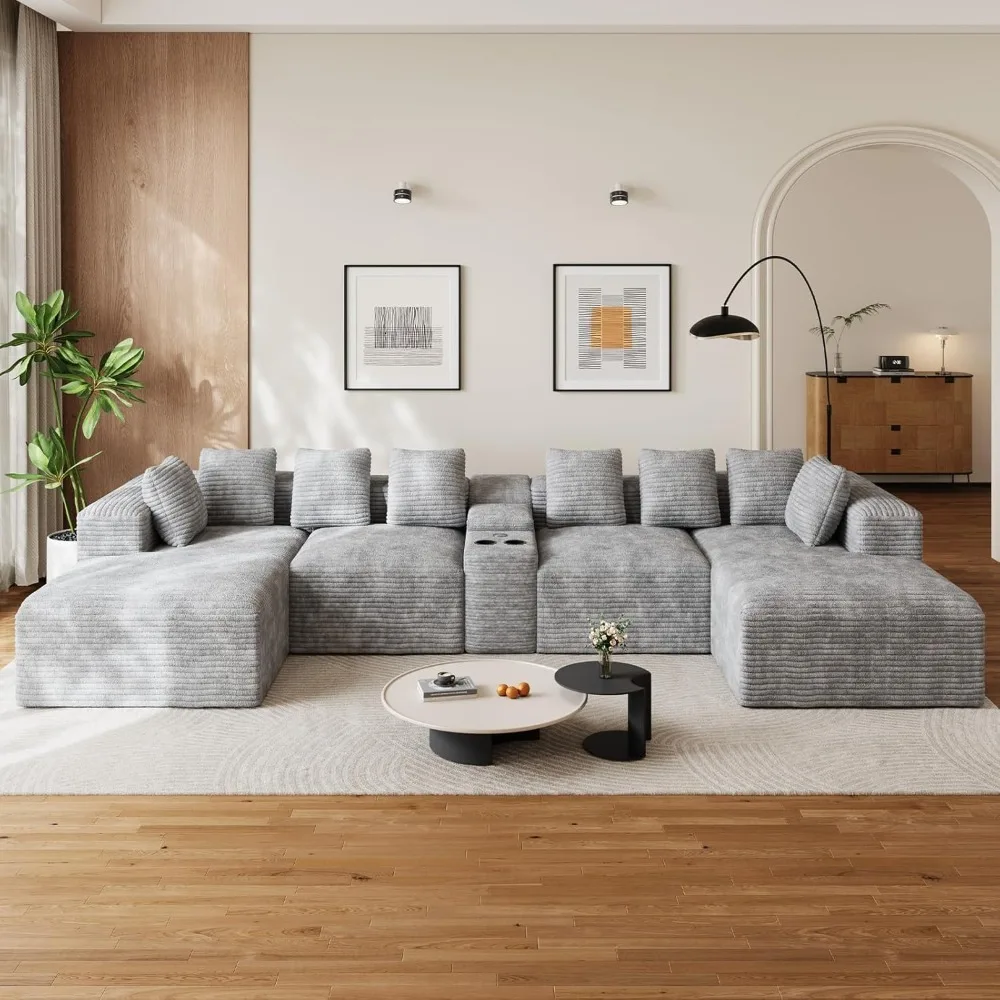 

143" Oversized U Shaped Cloud Sectional Couches for Living Room, Comfy Fluffy Corduroy Grey Boneless Couch, Customized